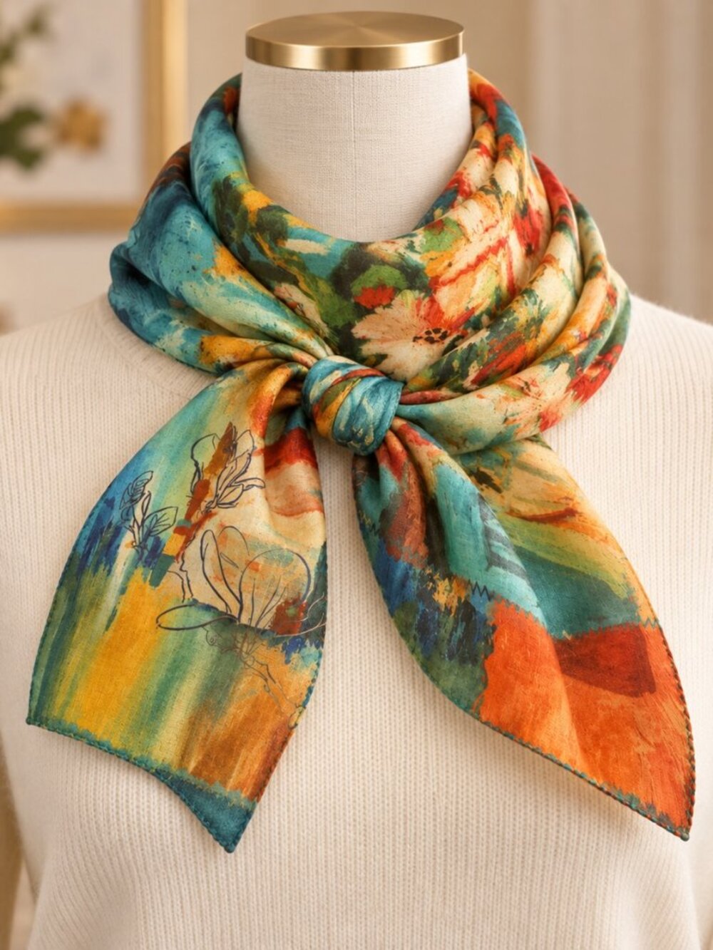 Wool Mulberry Silk Blend Square Scarf Abstract Floral Art Print Colorful Neck Sc